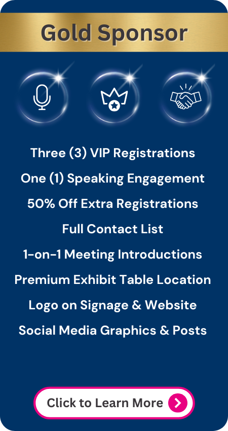 Gold sponsorship includes three passes, one speaking slot, full contact list, and premium exhibit table